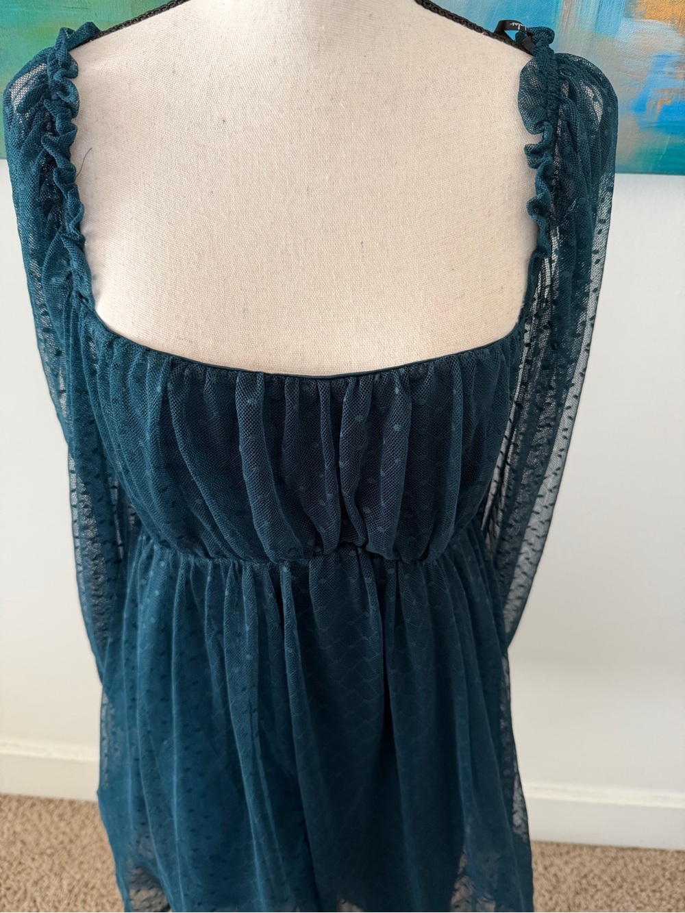 Lulus NWT Dreamy Sweetness Dark Teal Swiss Dot Ruffled Mini Babydoll Dress XL - Picture 6 of 13